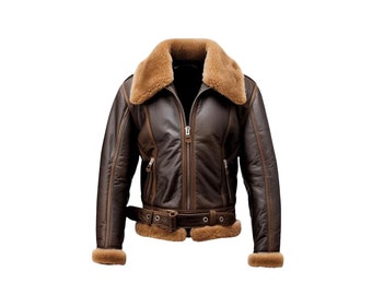 Blouson aviateur bomber B3 en cuir et peau de mouton retournée pour homme, veste en peau de mouton retournée marron effet vieilli faite main, manteau de fourrure d'hiver de style.