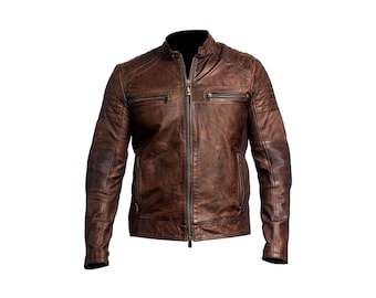 Nouveau blouson moto en cuir marron effet vieilli pour homme, blouson motard Cafe Racer fait main.