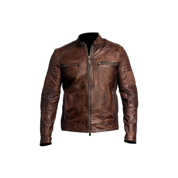 Men's New Distressed Brown Motorcycle Leather Jacket, Handmade Cafe Racer Biker Leather Jacket.