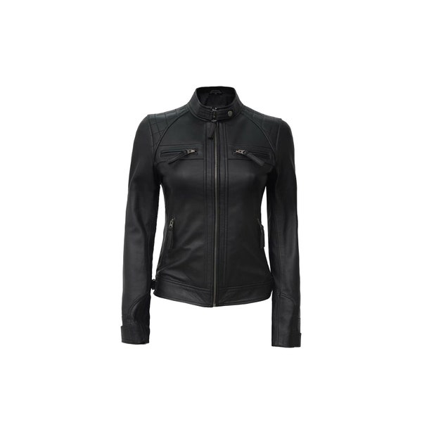 Women's Black Cafe Racer Leather Biker Lambskin Jacket,Handmade Motorcycle Slim Fit Leather Jacket.