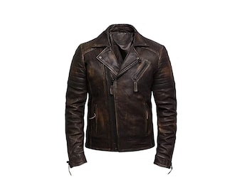 Veste en cuir pour homme Brando Biker moto rétro classique café racer en cuir, veste vintage rétro vintage en cuir véritable pour homme coupe ajustée avec fermeture éclair croisée.