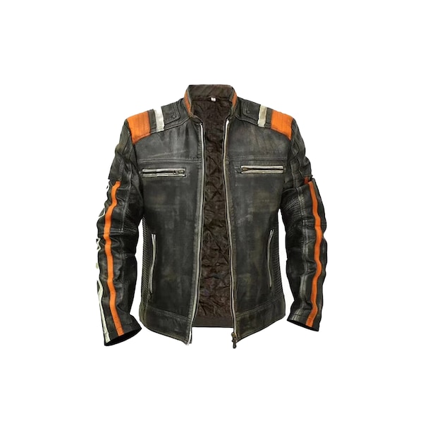 Handmade Men's Retro 3 Cafe Racer Biker Jacket, Vintage Retro 3 Cafe Racer Motorcycle Distressed Real Leather Jacket, Gift for Him
