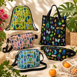 May include: A collection of five bags featuring a colorful insect and butterfly pattern. The set includes a lime green drawstring bag, a black tote bag, a pink fanny pack, a black fanny pack, and a light blue crossbody bag, all with black straps.