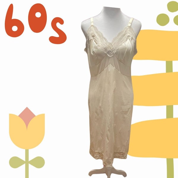 1960's vintage full Creme Gown/slip.   Beautiful Lace Detail.  Shadowline Size 38. Nylon Tricot Lace