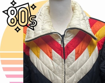 RARE Vintage 1980's Snuggler Women's Parka, jacket, coat, Size 12 zip pockets white, red, yellow , orange, black