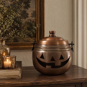 Vintage Copper-Tone Jack-O-Lantern Pumpkin Container with Lid | Halloween Decor