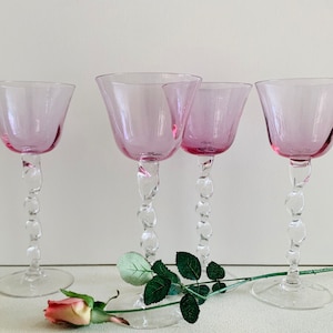Pink Wine Glasses Set of 4 Vintage Glassware Pink Top Clear Twisted Stem