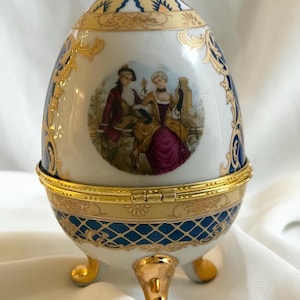 Vintage Porcelain Egg Trinket Box | Rococo Couple Scene | Blue & Gold Decorative Egg | Footed Hinged Keepsake Box