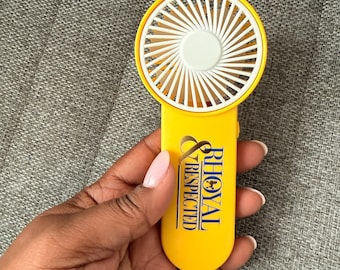 Sigma Gamma Rho|Royal/Respected Handheld Fan - Portable Yellow Mini Fan - Battery Operated  Travel,  Outdoor Events|Boule|LICENSED VENDOR