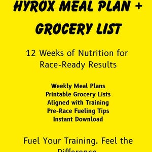 Peut inclure: Téléchargement numérique sur fond jaune vif. Le texte indique "HYROX MEAL PLAN + GROCERY LIST" en gras noir. Le texte supplémentaire comprend "12 semaines de nutrition pour des résultats prêts pour la course" et "Alimentez votre entraînement. Sentez la différence."