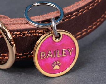 Placa de identificación de latón para mascotas, colorida y personalizada.
