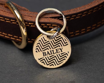 Placa de identificación grabada personalizada para mascotas, de latón macizo, de doble cara, para perro, gato o identificación.