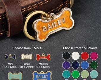 Placa de identificación para mascotas de latón cepillado con forma de hueso, etiqueta de identificación personalizada.