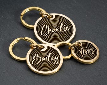 Placa de identificación grabada personalizada para mascotas, de latón macizo, de doble cara, para perro, gato o identificación.