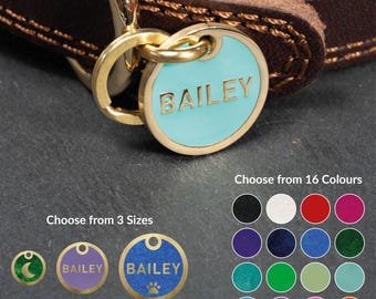 Placa de identificación de latón para mascotas, colorida y personalizada.
