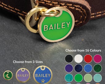 Placa de identificación de latón para mascotas, colorida y personalizada.