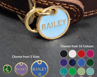 Placa de identificación de latón para mascotas, colorida y personalizada.