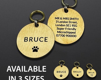 May include: Two round gold-toned metal pet tags with split rings. One tag shows the name BRUCE and a paw print, the other shows contact details. Below, three smaller tags labeled Large, Medium, and Small display names and symbols.