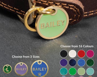 Placa de identificación de latón para mascotas, colorida y personalizada.