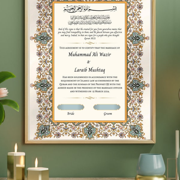 Digital Nikkah Certificate, Customisable Nikkah Nama, Muslim Marriage Certificate, Personalised Names, Quran Verse, Wedding Contract Elegant