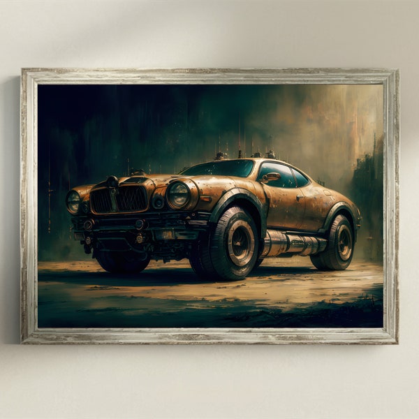 Vintage Steampunk Car Print | PRINTABLE Wall Art | Classic Car Art Print | Dystopian Landscape Print | Rustic Wall Decor