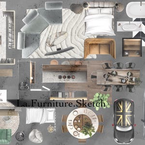 May include: A top-down view of a home interior design plan with furniture and decor items, including a couch, bed, dining table, chairs, and a car. The plan is labeled "La.Furniture.Sketch".