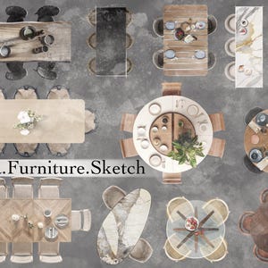 Könnte beinhalten: Eine Sammlung verschiedener Esstische und Stühle in unterschiedlichen Stilen und Materialien. Die Tische sind rund, quadratisch und rechteckig, und die Stühle sind aus Holz, Metall und Korbgeflecht. Die Tische sind mit Gedecken gedeckt, und einige haben Pflanzen oder Blumen darauf. Der Text "La.Furniture.Sketch" ist im Bild sichtbar.