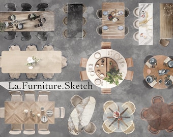 May include: A collection of various dining tables and chairs in different styles and materials. The tables are round, square, and rectangular, and the chairs are made of wood, metal, and wicker. The tables are set with place settings, and some have plants or flowers on them. The text "La.Furniture.Sketch" is visible in the image.