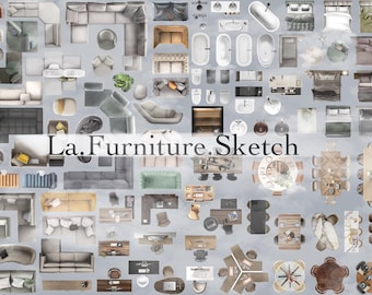 May include: A collection of furniture sketches in various styles, including sofas, chairs, beds, tables, and bathroom fixtures. The sketches are drawn in a realistic style with a light gray background. The text "La.Furniture.Sketch" is displayed in the center of the image.