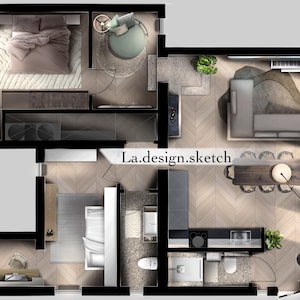 Interieurschets. Visualisatie van de indeling van een appartement of huis, met texturen, meubels en decor. Indeling huis. Renovatie van het huis.