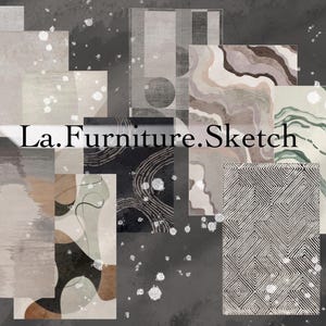May include: A collage of different rug designs in various colors and patterns, including black and white, green and white, and brown and white. The text "La.Furniture.Sketch" is in the center of the image.