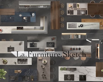 May include: Overhead view of a kitchen design sketch with various kitchen island layouts. The sketch includes different countertop materials, sinks, and appliances. The text "La.Furniture.Sketch" is written in the center of the image.