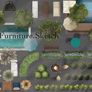 Könnte beinhalten: Draufsicht auf eine Garten-Terrassenplanung mit Schwimmbad, Liegestühlen, Tischen, Sonnenschirmen und verschiedenen Pflanzen. Der Text "La.Furniture.Sketch" ist in der Mitte des Bildes sichtbar.