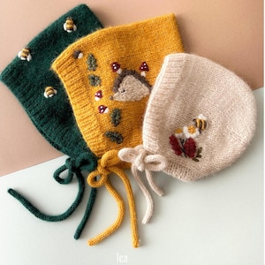 Alpaca Merino Wool Kids Bonnet with Embroidered Mushrooms & Bees – Hand-Knitted, Eco-Friendly, Baby Shower Gift, Retro Knit Bonnet,Dwarf Hat