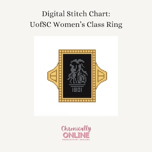 Może przedstawiać: Cyfrowy schemat haftu krzyżykowego złotego pierścionka klasowego z czarnym kamieniem przedstawiającym palmę i rok 1801. Schemat nosi tytuł "UofSC Women's Class Ring".