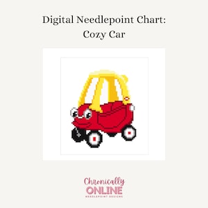 May include: Digital needlepoint chart featuring a pixelated Cozy Car in red and yellow. The car has black wheels with white and red accents, and cartoon-like eyes. The text "Digital Needlepoint Chart: Cozy Car" is at the top.