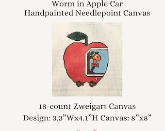 May include: Hand-painted needlepoint canvas featuring a red apple with a worm driving a car inside. The design is 3.3 inches wide by 4.1 inches high and fits on an 8 inch by 8 inch canvas.