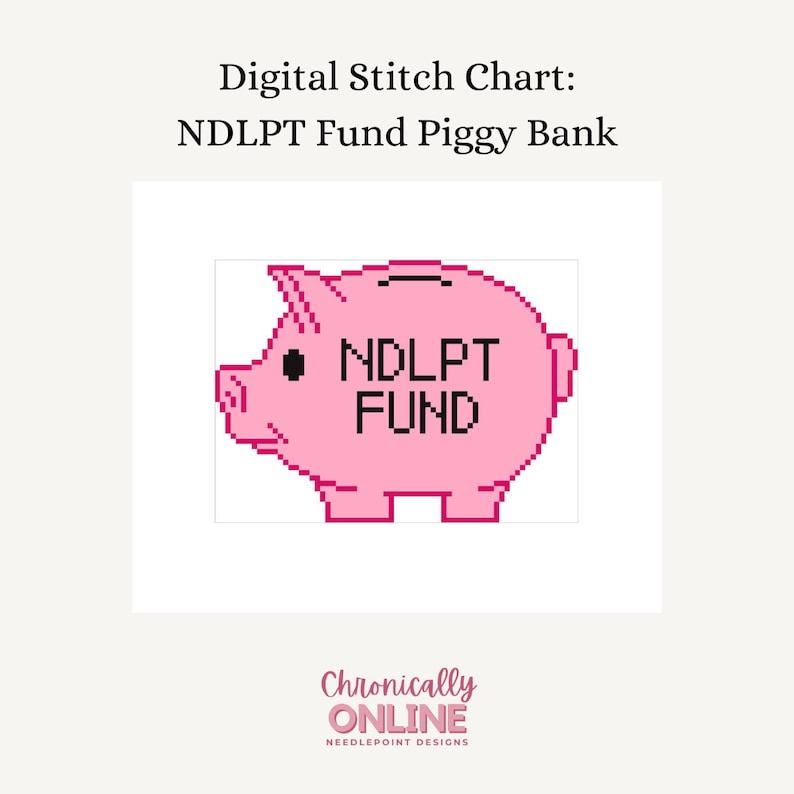 K&ouml;nnte beinhalten: Ein rosa, pixeliges Sparschwein mit einem schwarzen Auge und dem Text "NDLPT FUND" auf der Vorderseite.