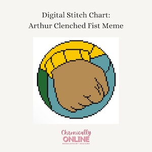 May include: A digital cross-stitch pattern of Arthur from the cartoon series Arthur, with his signature clenched fist. The pattern is in a circular shape and features a yellow, green, and blue color scheme.