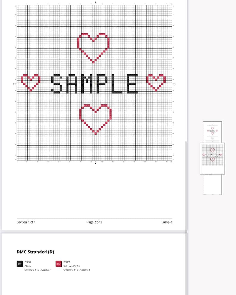 May include: A cross-stitch pattern for a sampler with the word "SAMPLE" in black thread and three red hearts.