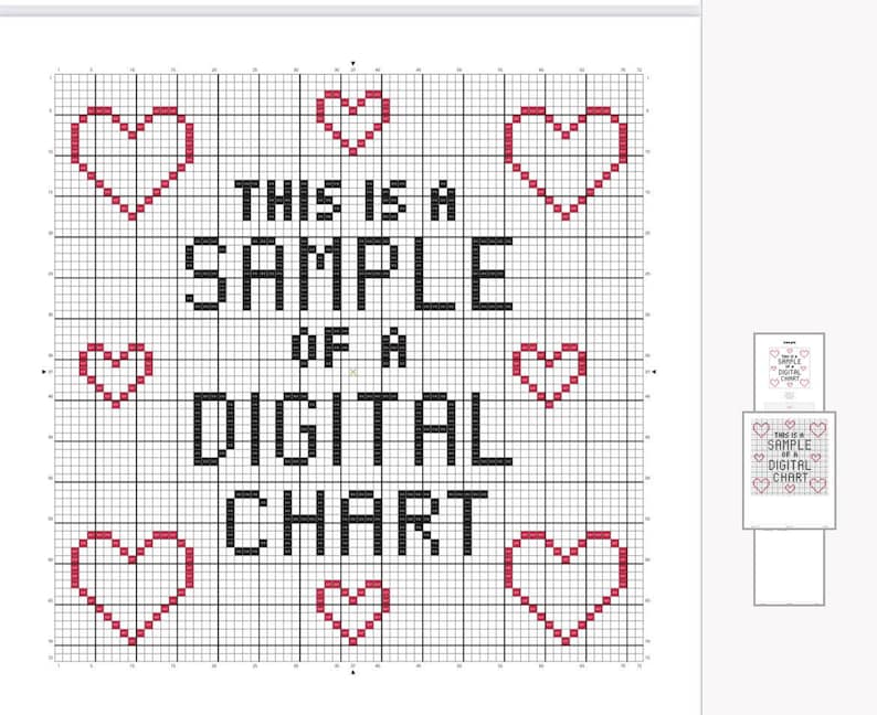 May include: A black and white digital cross stitch chart with the text "This is a sample of a digital chart". The chart is surrounded by small red hearts.