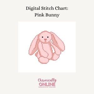 Op de afbeelding: Een digitaal kruissteekpatroon met een roze konijn. Het konijn zit met gekruiste armen en heeft slappe oren. Het patroon is perfect voor beginners en een geweldige manier om een vleugje whimsy aan je interieur toe te voegen.