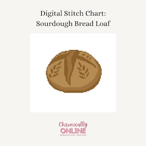 May include: A digital stitch chart for a sourdough bread loaf. The chart is in a pixelated style and shows a brown loaf of bread with a brown crust and a white design on top.