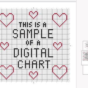 K&ouml;nnte beinhalten: Ein digitales Stickmuster in Schwarzwei&szlig; mit dem Text "This is a sample of a digital chart". Das Muster ist von kleinen roten Herzen umgeben.