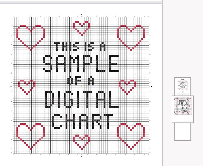 K&ouml;nnte beinhalten: Ein digitales Stickmuster in Schwarzwei&szlig; mit dem Text "This is a sample of a digital chart". Das Muster ist von kleinen roten Herzen umgeben.