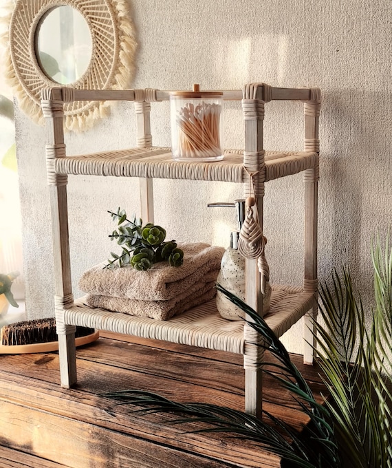 Kleines weißes Spa-Regal aus Korbgeflecht, kleines freistehendes Tischregal, Badezimmerregal