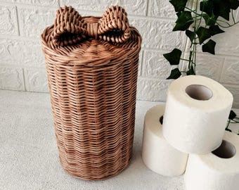 Wicker Toilet Paper Basket with Bow Lid – Gift-Inspired Bathroom Storage, Toilet Paper Cover  Stand