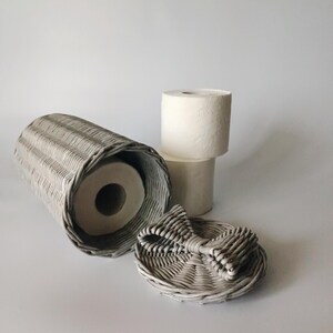Gray toilet paper holder basket lying sideways next to two toilet paper rolls and a detached lid. Highlighting texture and size