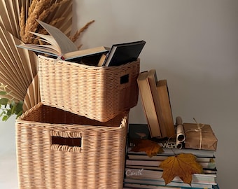 Wicker Rectangular Storage Basket, Handmade Woven Organizer, Natural Farmhouse Storage Bin, Rustic Bookshelf Box, Boho Storage Basket