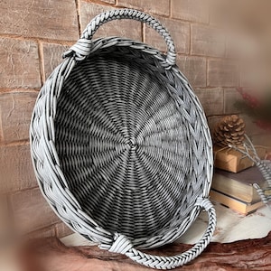 Scandinavian round wicker tray, 12 inches Coffee Table Tray, gray wicker basket tray with handles , Wicker basket Fruit Tray